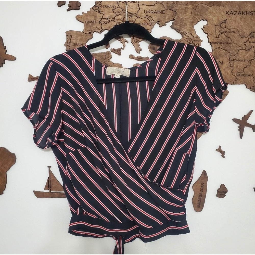 Nautical Nights Striped Wrap Blouse -Womens Size Small - Faux Wrap Tie Back